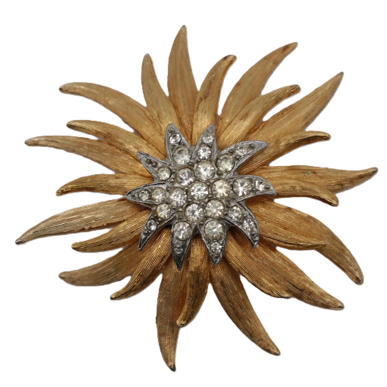 Gold Tone Sunburst Brooch – with Clear Crystal Cluster