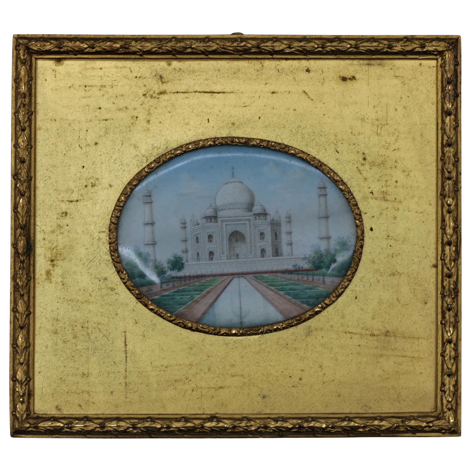 Miniature Painting of the Taj Mahal, Adamesque Gold-Washed Brass Frame, c. 1890–1915