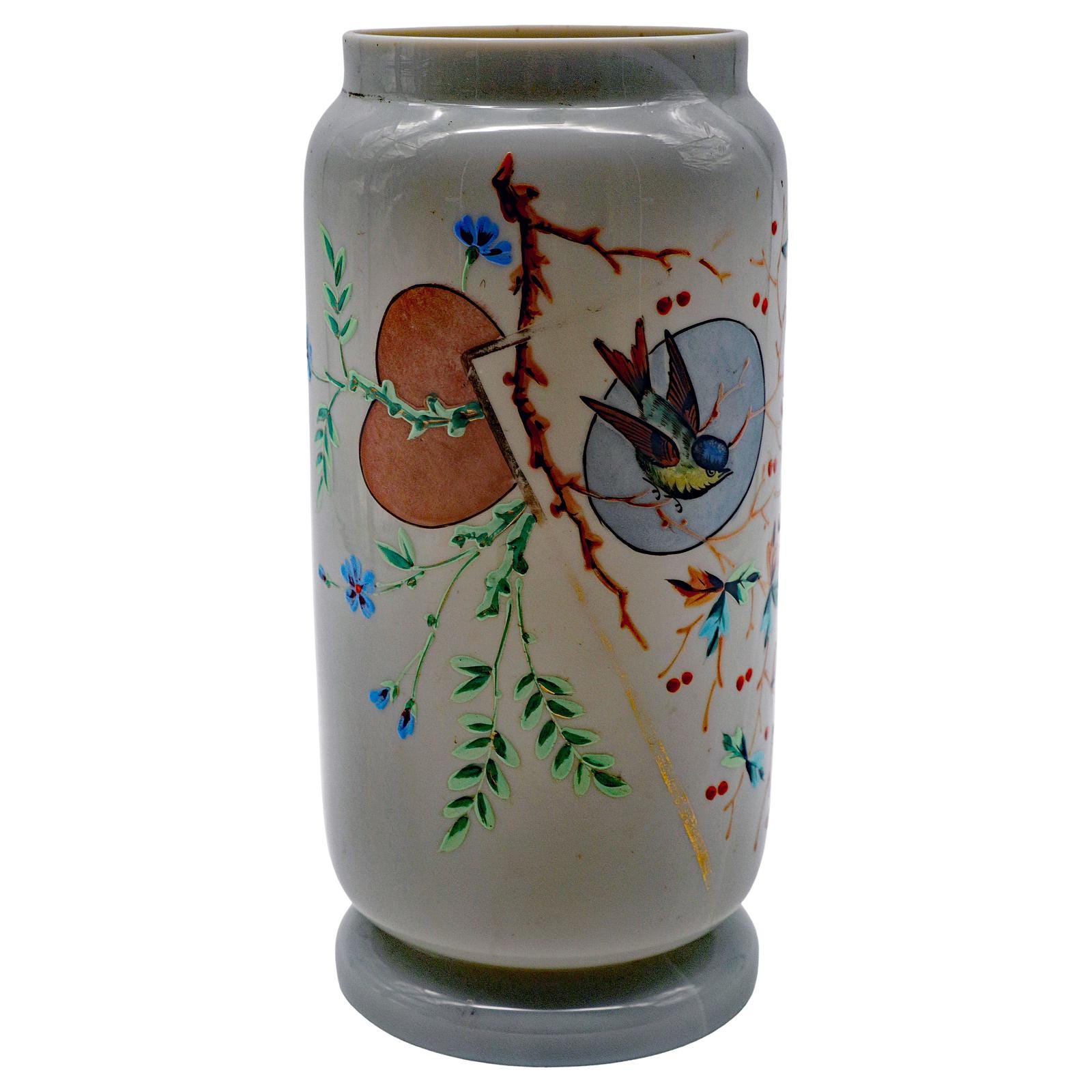 Antique Bristol Glass Vase — Hand‑Painted Birds & ‘Broken Heart’ Motif