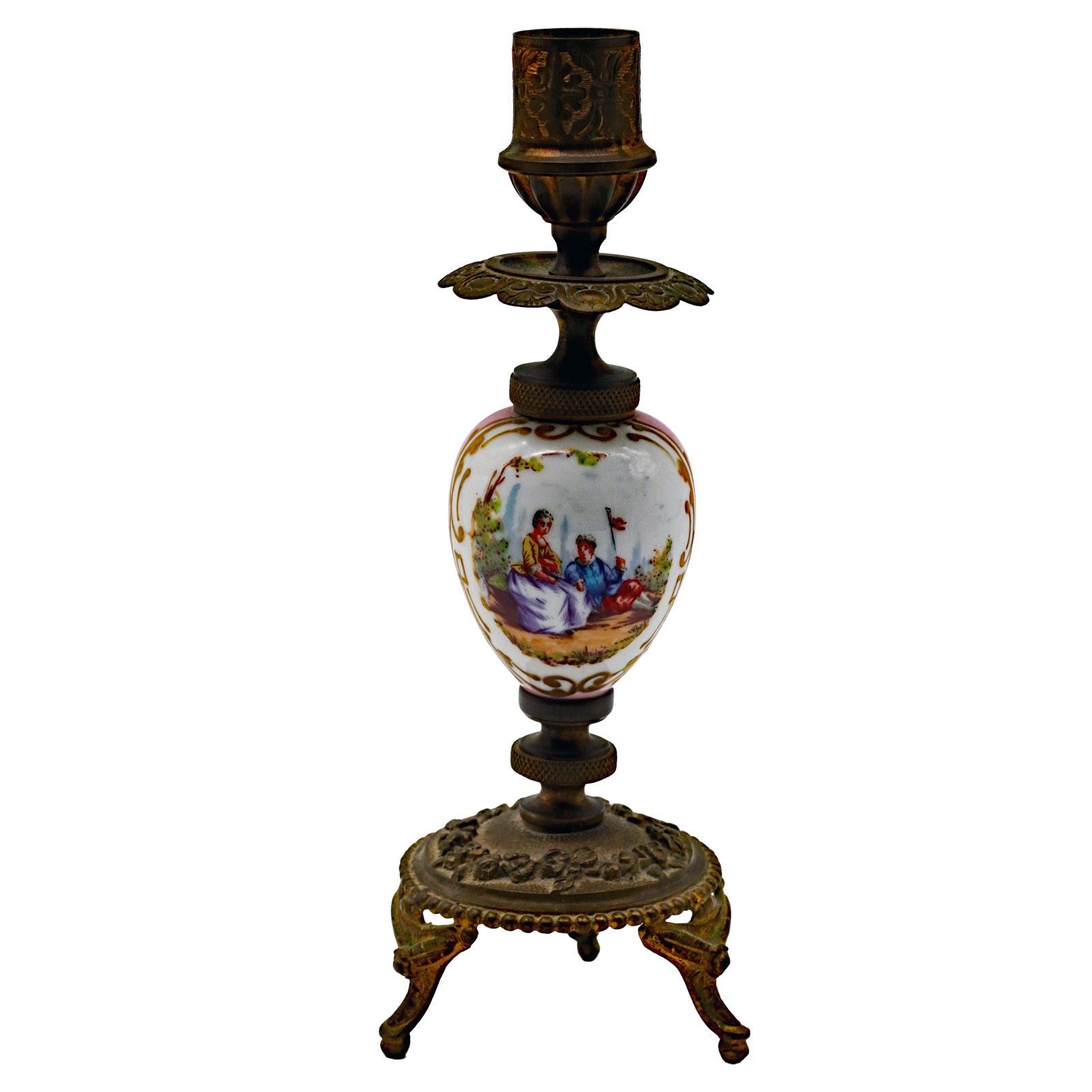 Antique Pink Porcelain and Brass Candlestick with Courting Scene