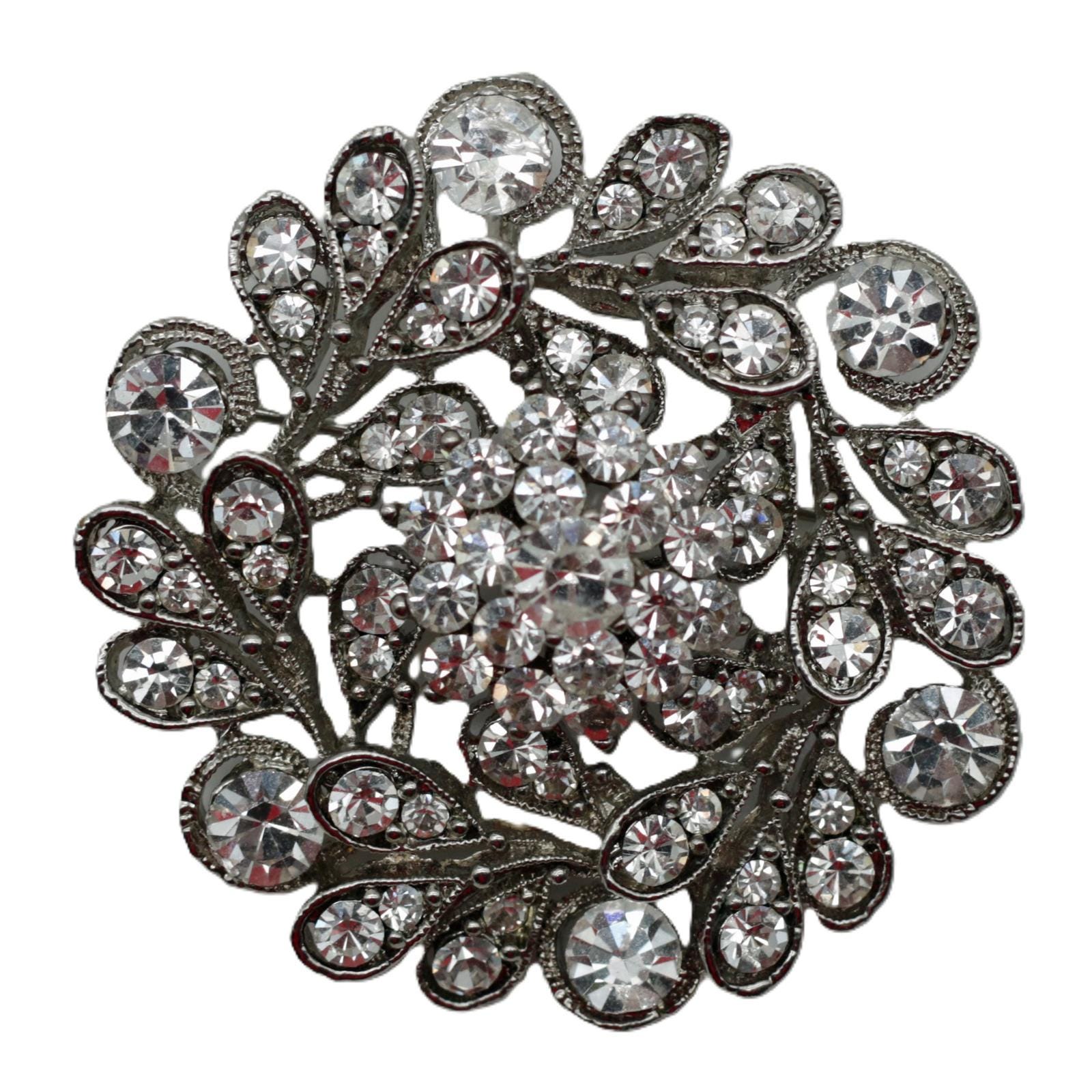 Rhinestone Wreath Brooch Pendant - Clear Silver Tone Mid Century 1960s Statement Piece