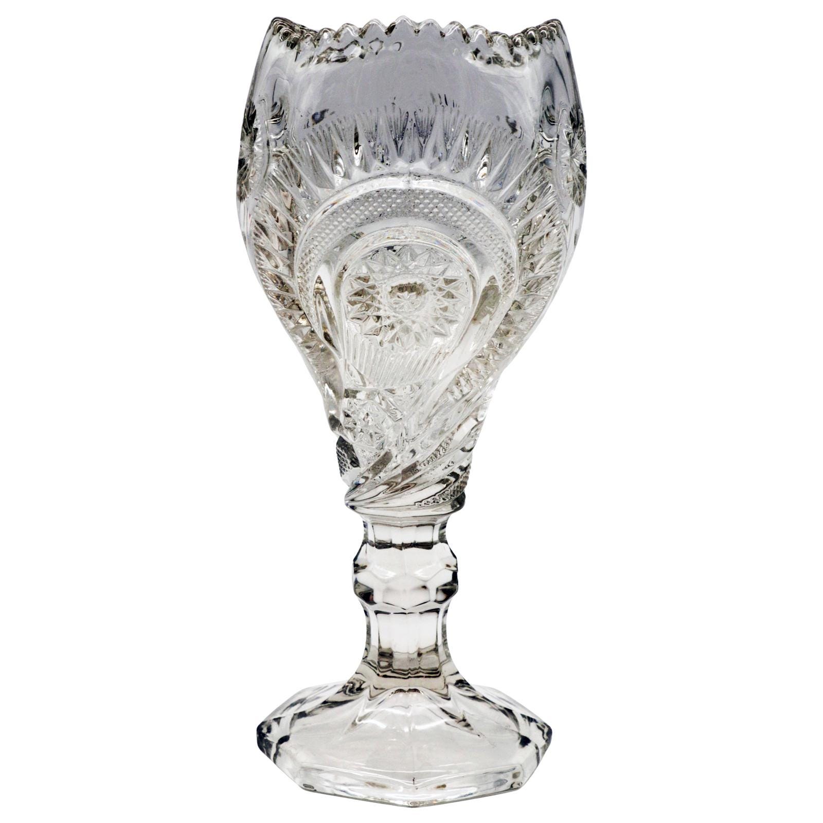 Antique EAPG Pedestal Vase — Hobstar Medallions & Ribbon Swirl