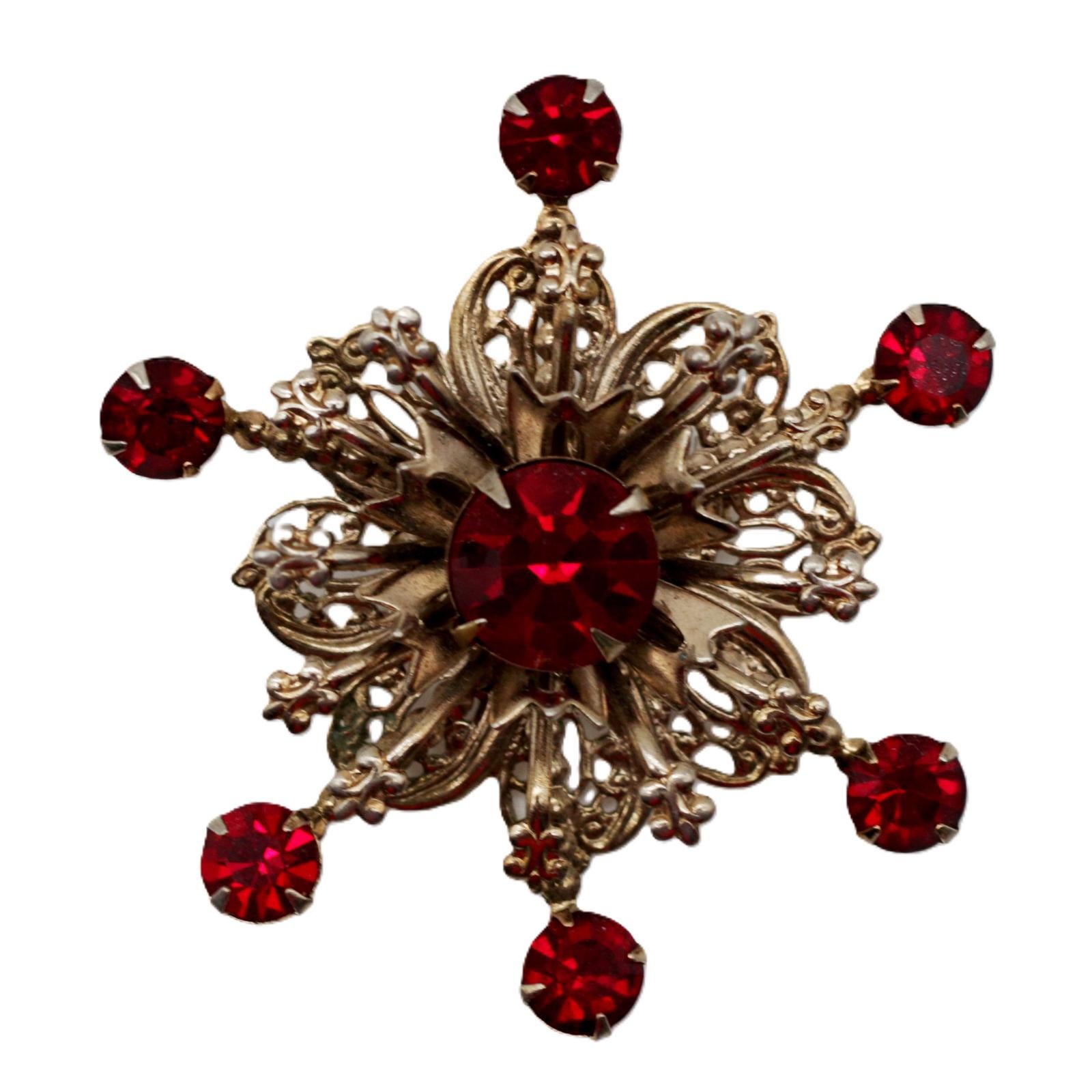 Snowflake Rhinestone Brooch in Silver Tone Filigree with Ruby Red Accent Stones