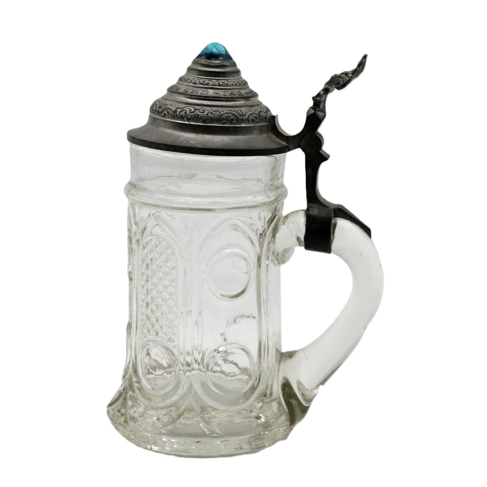 Antique German Glass Beer Stein With Pewter Lid with Blue Jewel c. 1900
