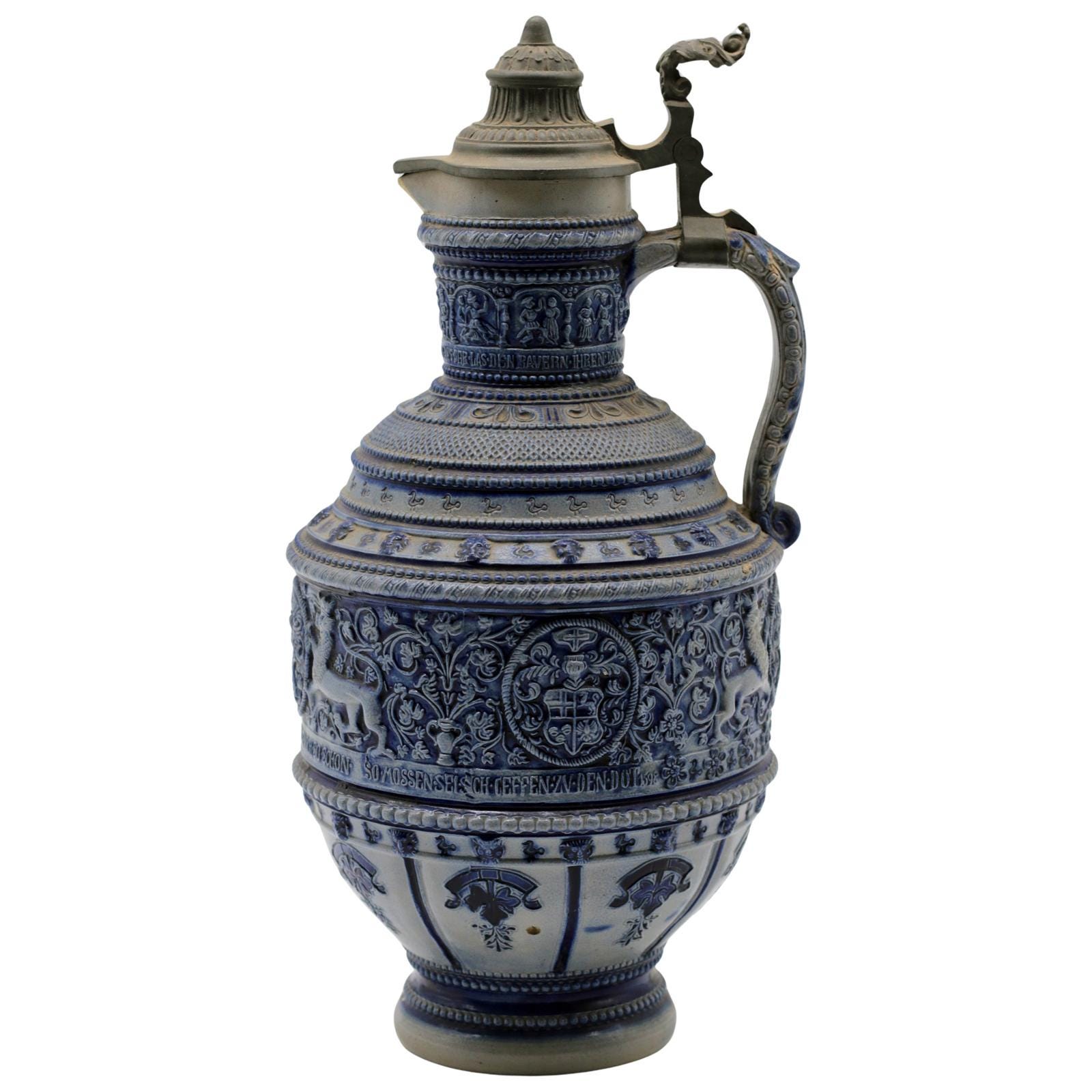 Antique German Salt Glaze Blue And Gray Jug