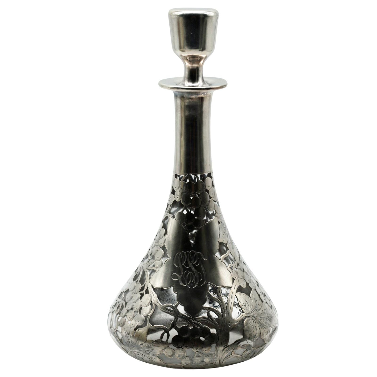 Sterling Overlay Cut-Glass Decanter, 12" — Grapevine Motif - George A. Henckel