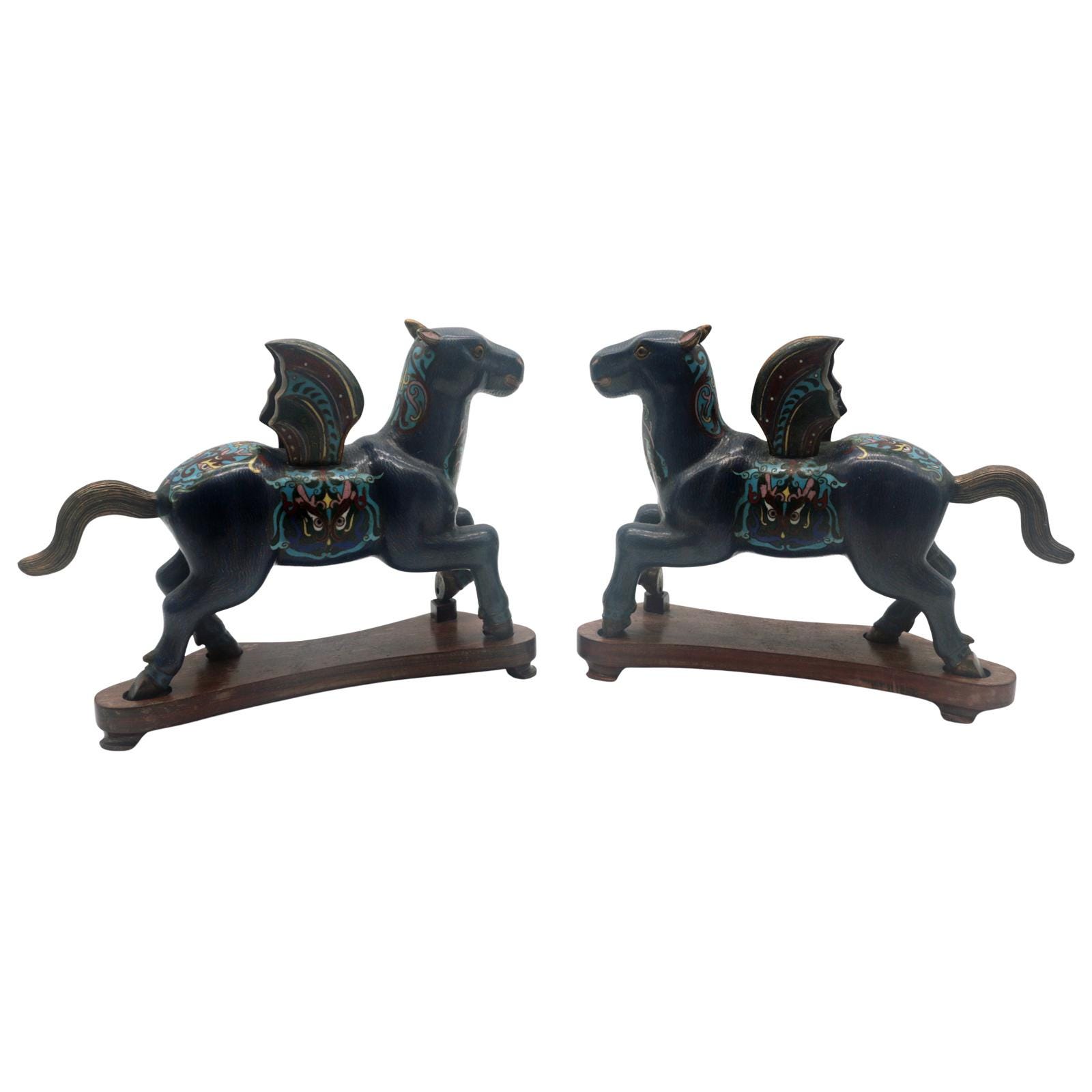 Pair of Vintage Chinese Cloisonné Winged Horses on Stands – Blue Enamel Tianma