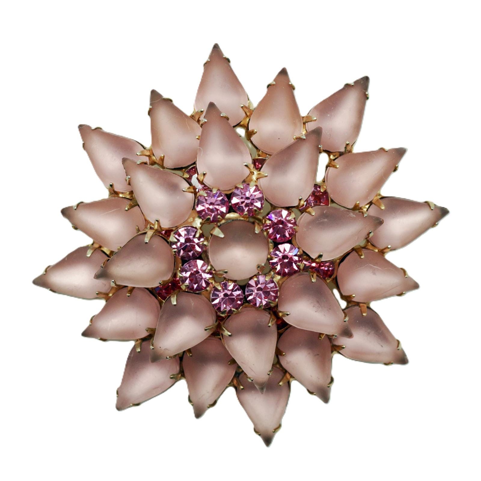 Juliana Pink Rhinestone Flower Brooch –  Frosted Moonglow Petals with Rhinestone  Cluster
