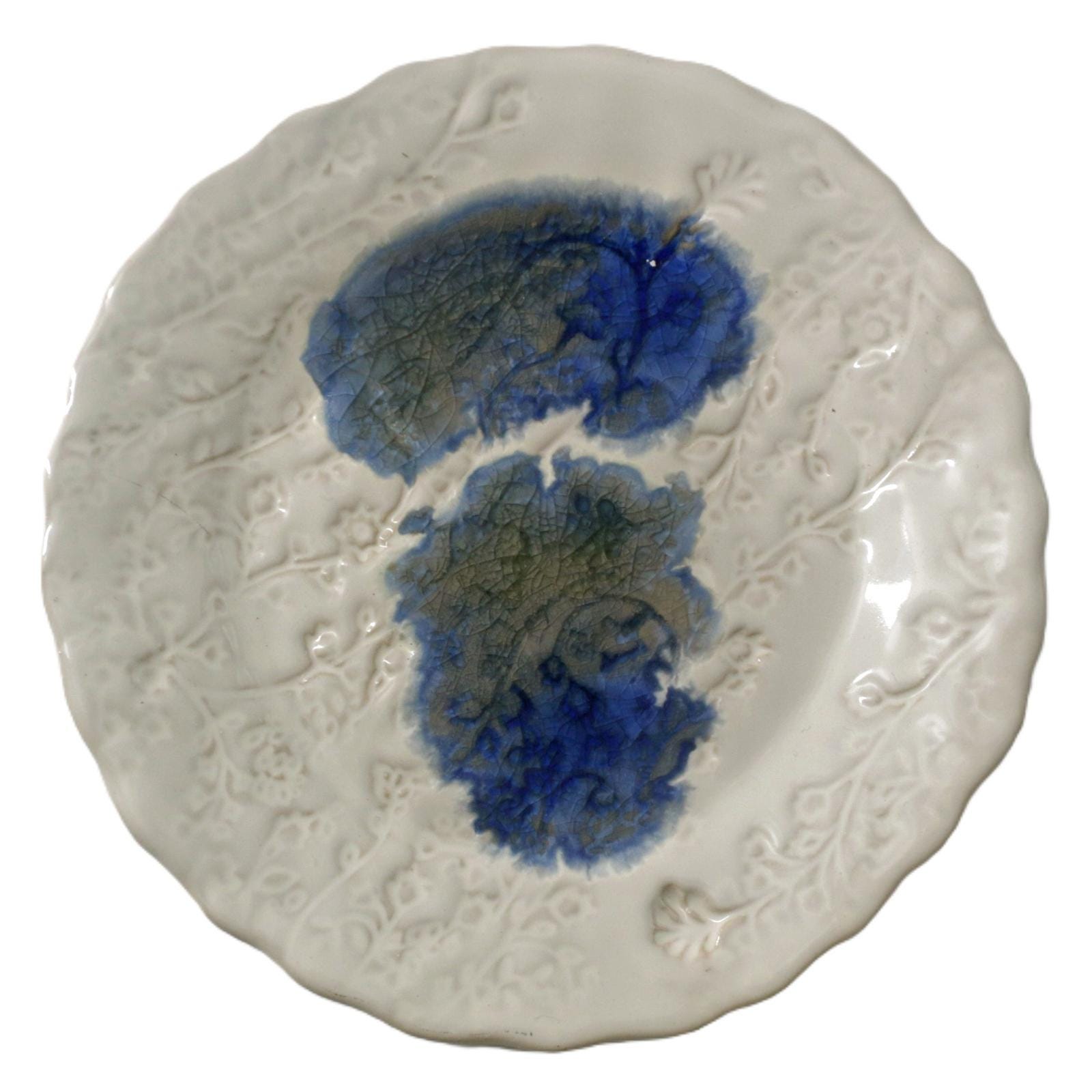 Karen Ford Ceramic Embossed Botanical Wall Plates with Blue Glaze –