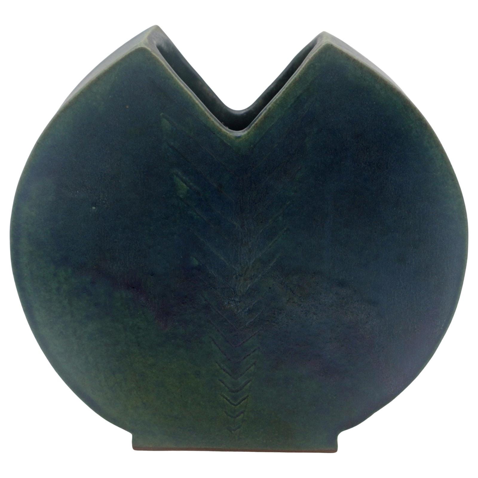 Blue‑Green Notched Studio Pottery Vase  — Sculptural Disk Form, Mid–Late 20th Century