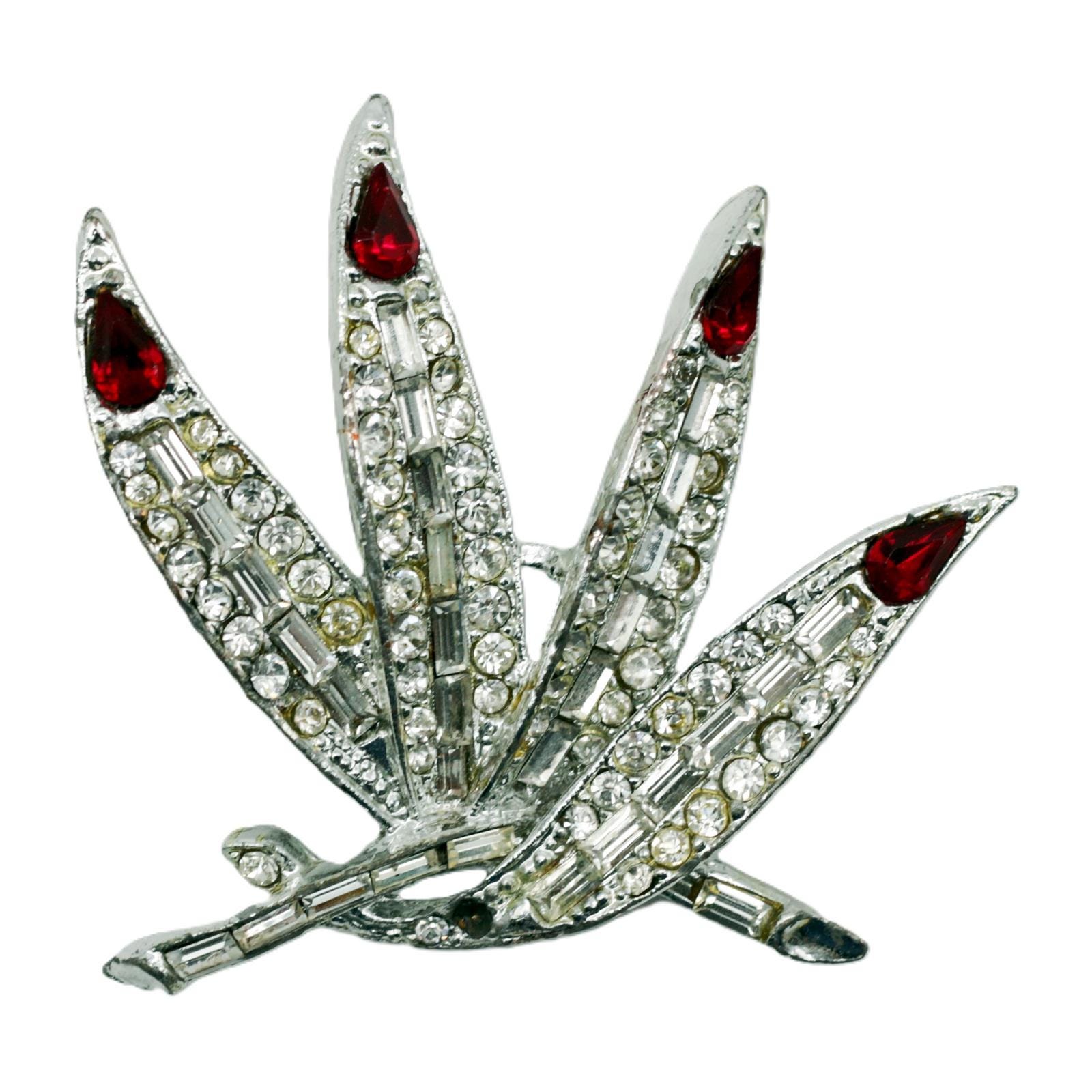 Leaf Brooch Rhinestone Ruby And Clear – Vintage Silver Tone Branch Form 1950s Style