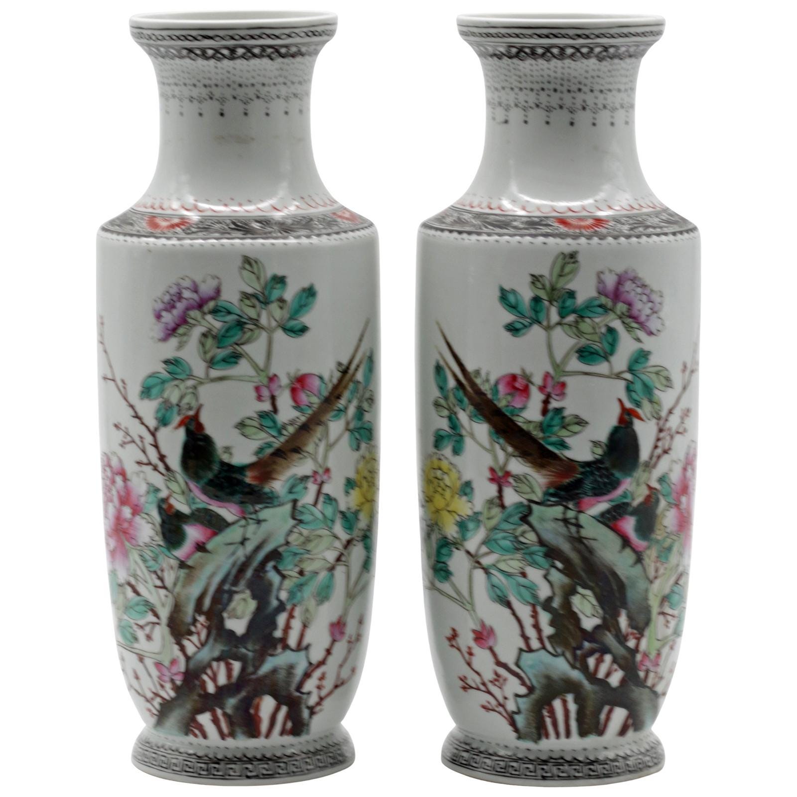 Antique Chinese Republic Famille Rose Porcelain Vase Pair — Birds & Peonies