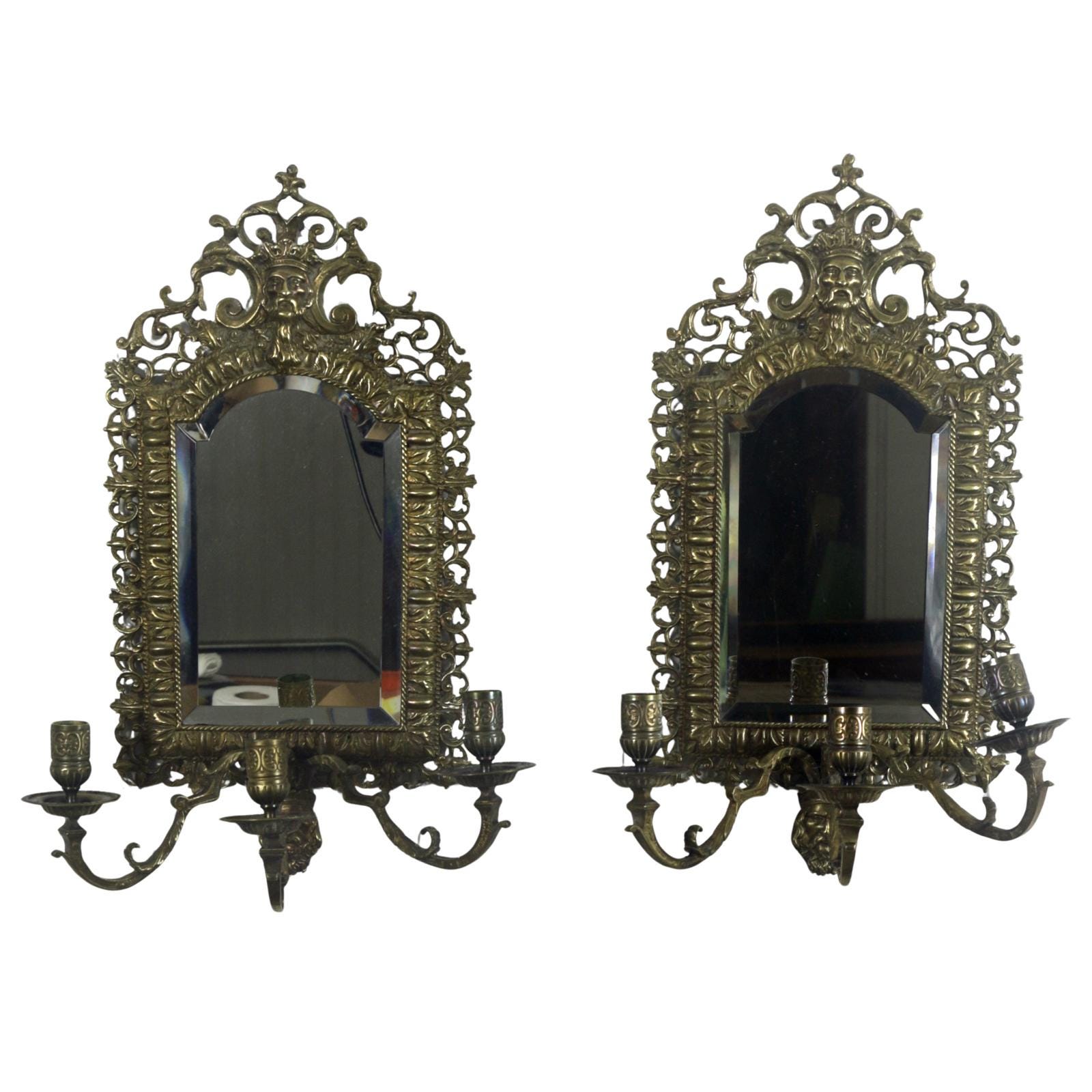 Pair of Cast Brass Girandole Mirrors, Three-Light, 21 inches