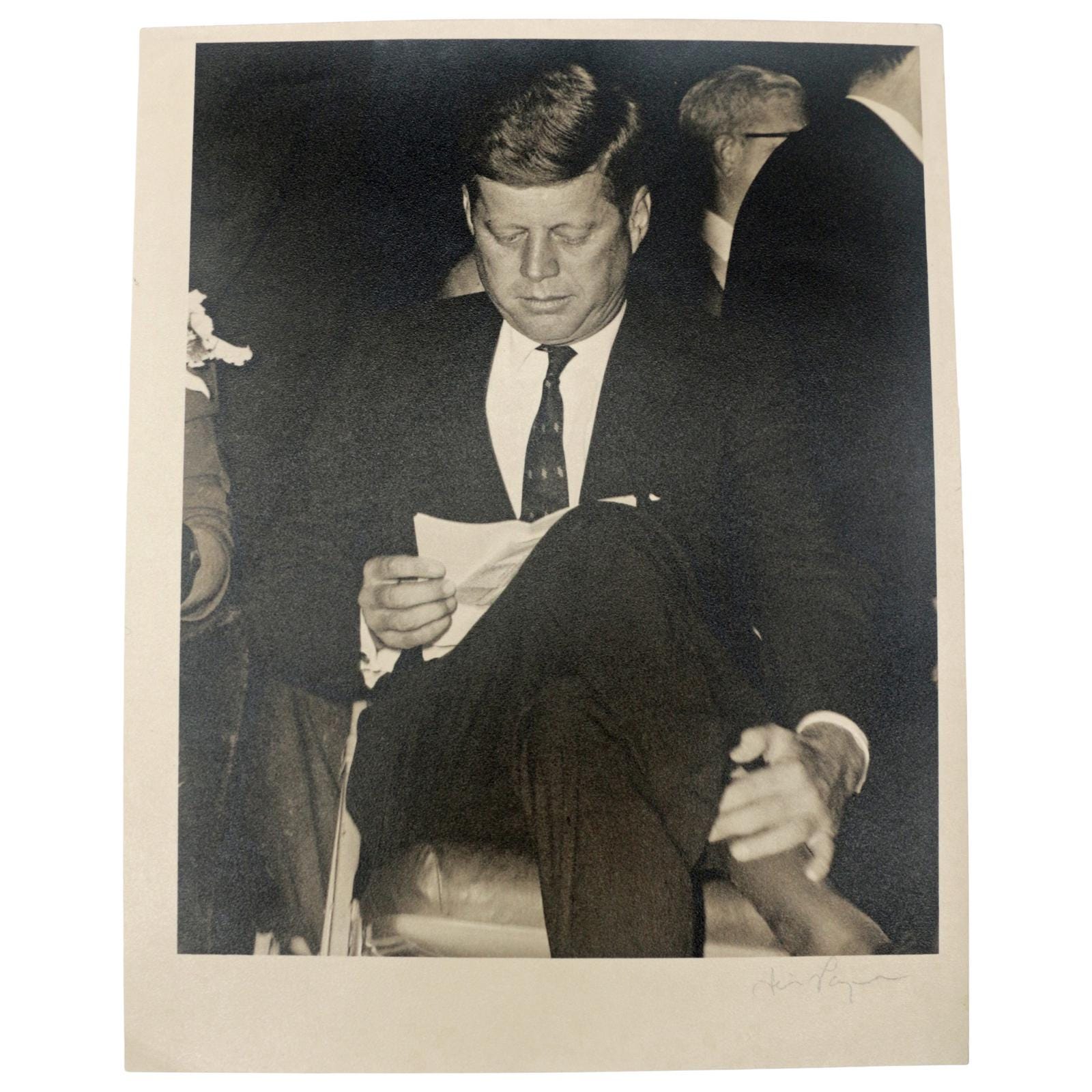 President John F. Kennedy Reading Notes — Vintage Gelatin Silver Photograph by James A. Langone, Signed
