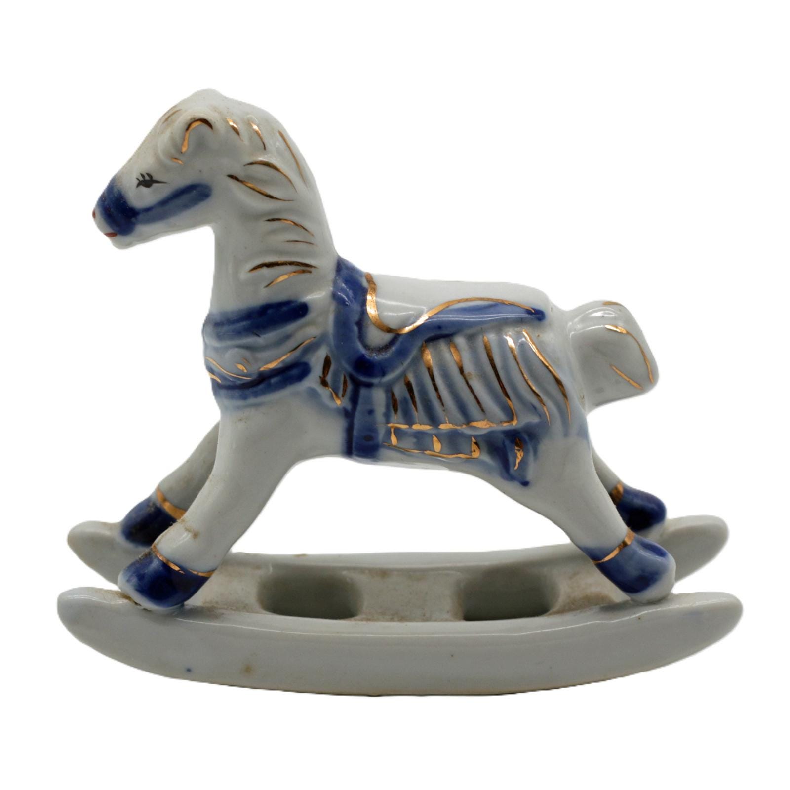 Rocking Horse Figurine – Porcelain Blue and White with Gold Accents