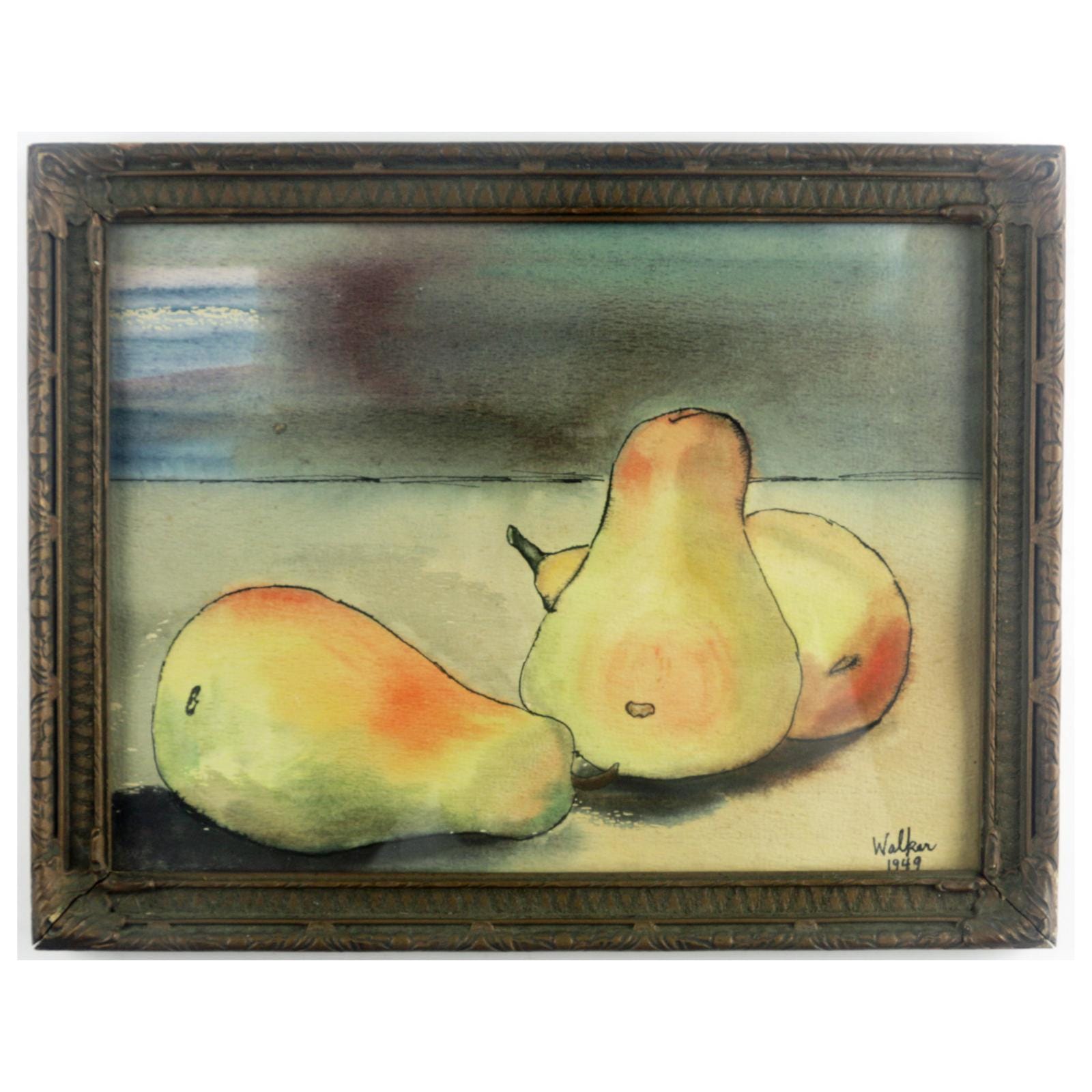 1949 Watercolor Pears Still Life Painting - Mid-Century Modern Framed Art