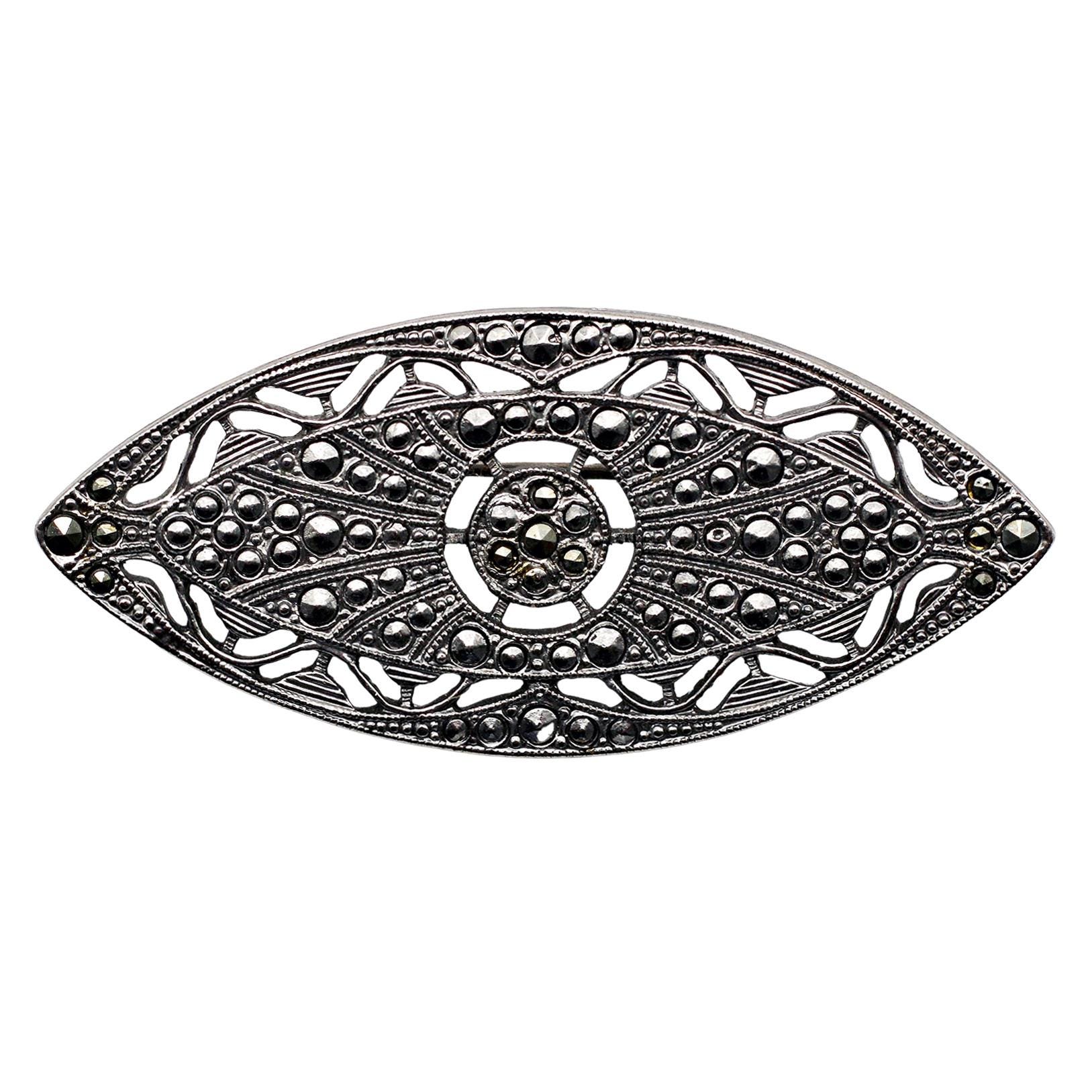 Art Deco Marcasite Navette Brooch, Openwork Filigree — Silver‑Tone