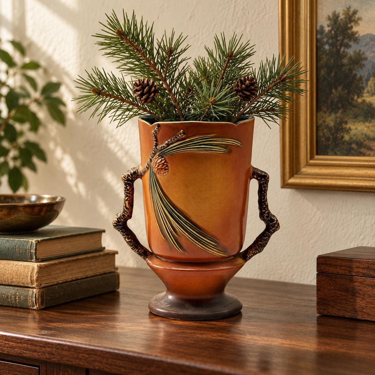Pine Cone Vase - Roseville Brown Art Pottery 910-10 Double Handle c. 1940