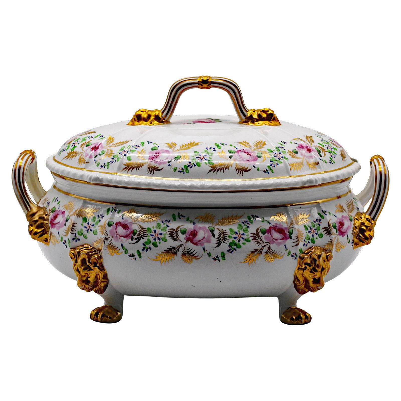 Regency Derby Porcelain Soup Tureen with Cover, Lion Masks & Paw Feet, c.1815–1830