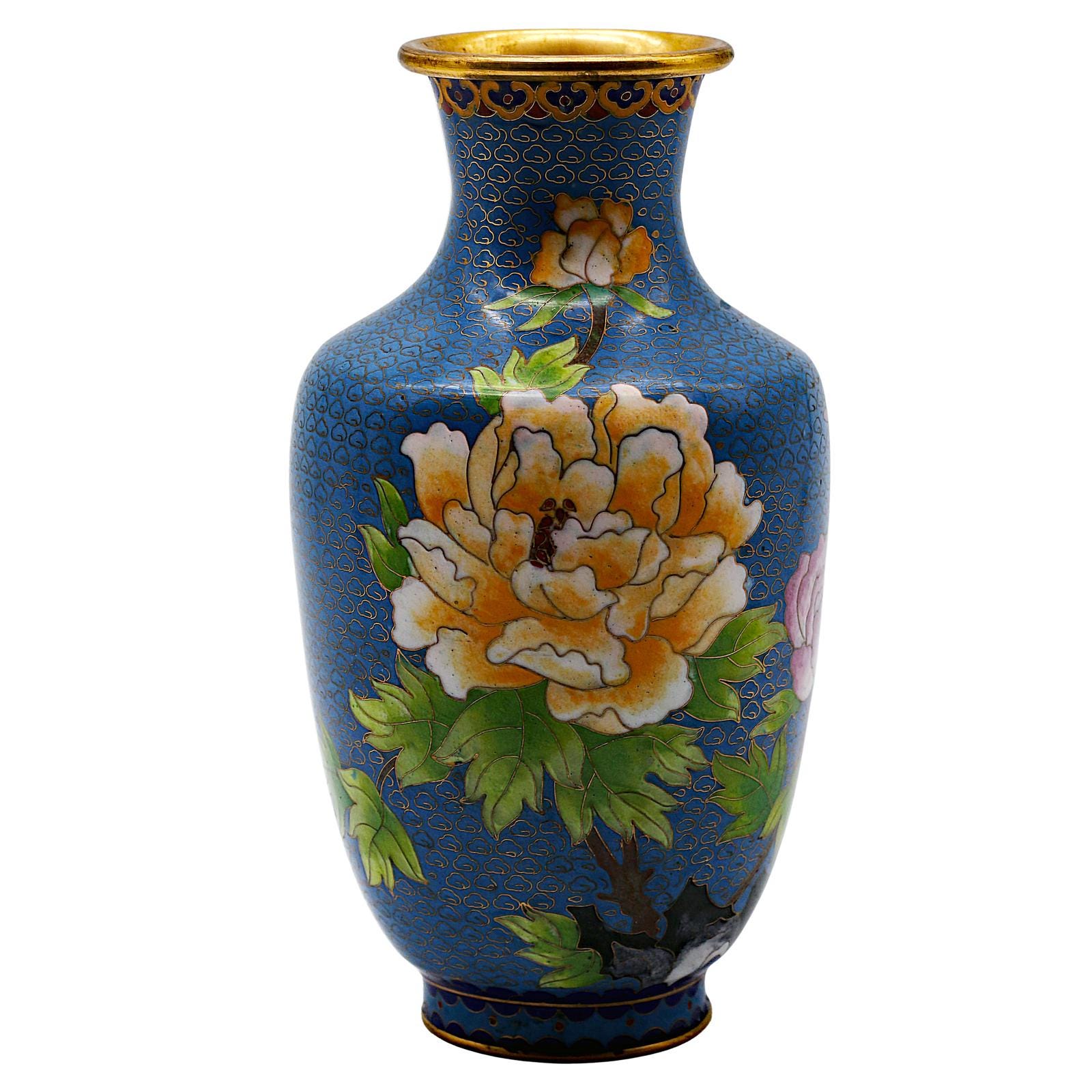 Vintage Chinese Cloisonné Vase with Peonies & Butterfly, Sky-Blue Ground