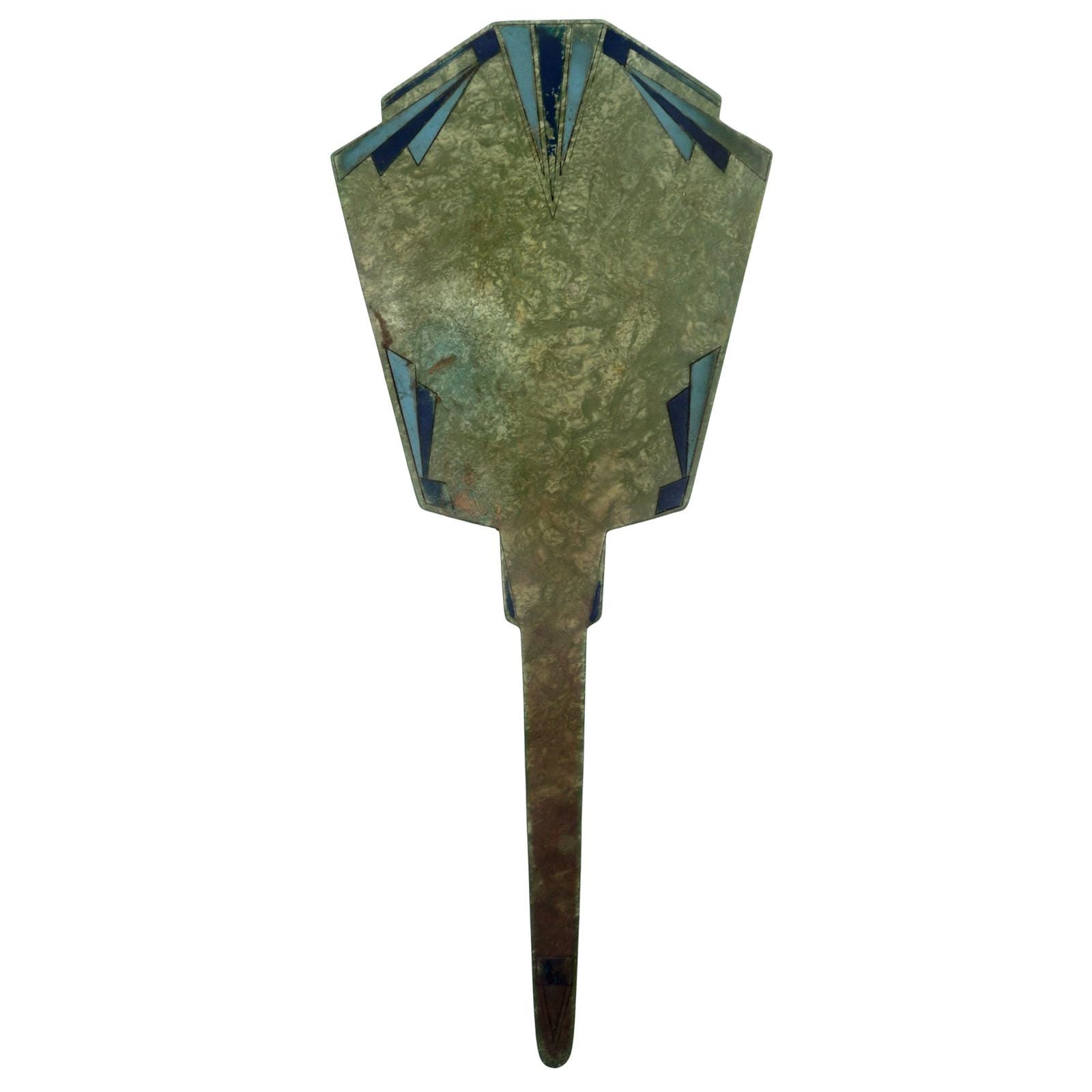 La Moderniste Art Deco Beveled Hand Mirror – with Blue Geometric Inlay, c. 1925–35
