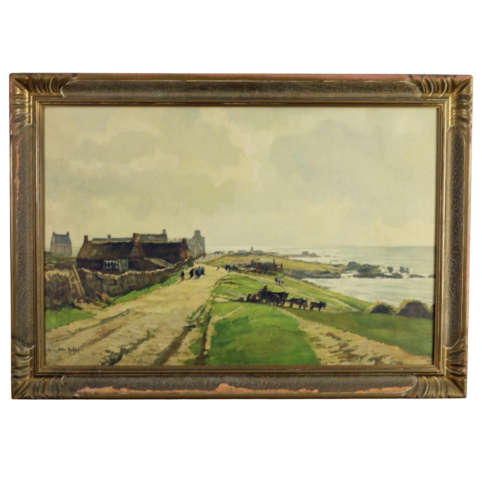 Lucien Victor Delpy - French Coastal Village Oil Painting - Framed c. 1930-50