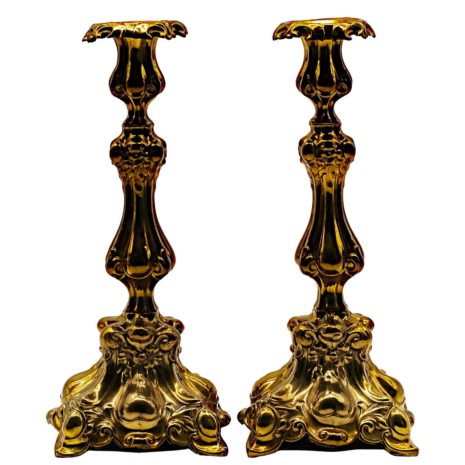 Marcin Jarra Rococo Revival Pressed Brass Candlesticks, 12" Tall, c. 1890–1910