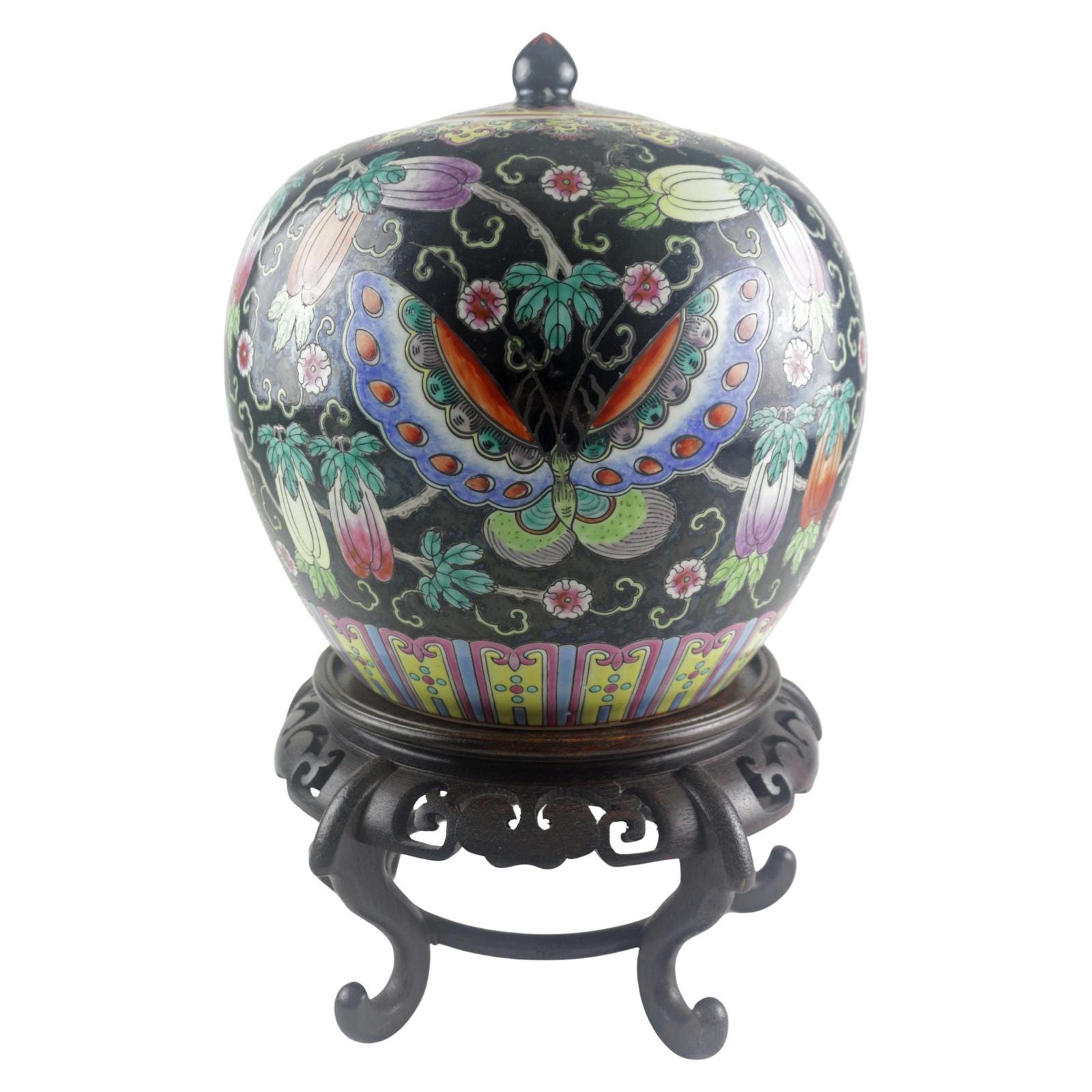 Vintage Famille Noire Chinese Porcelain Covered Jar with Gourds & Butterflies, mid‑20th century