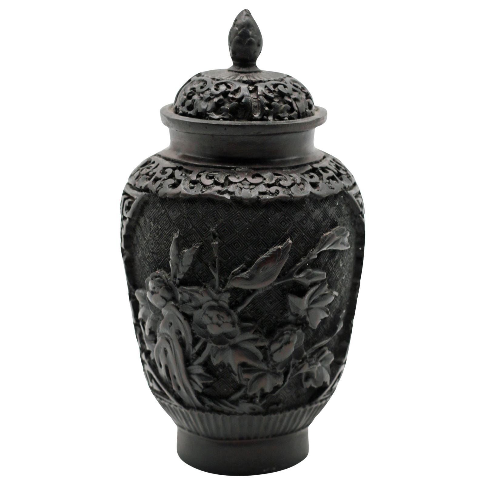 Vintage Carved Black Lacquer Covered Jar