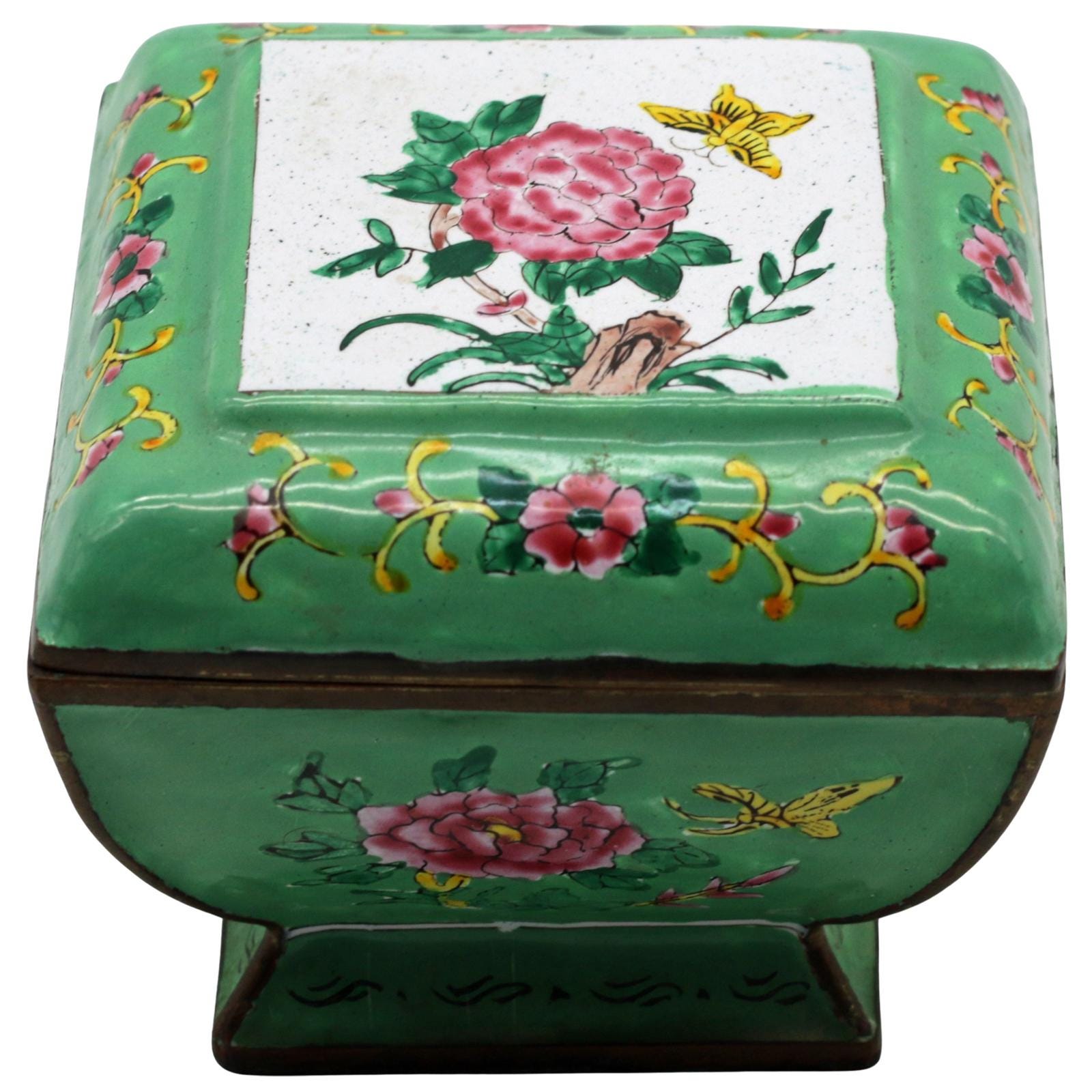 Peony & Butterfly Painted Enamel Box, Green Ground, c. 1960–1980