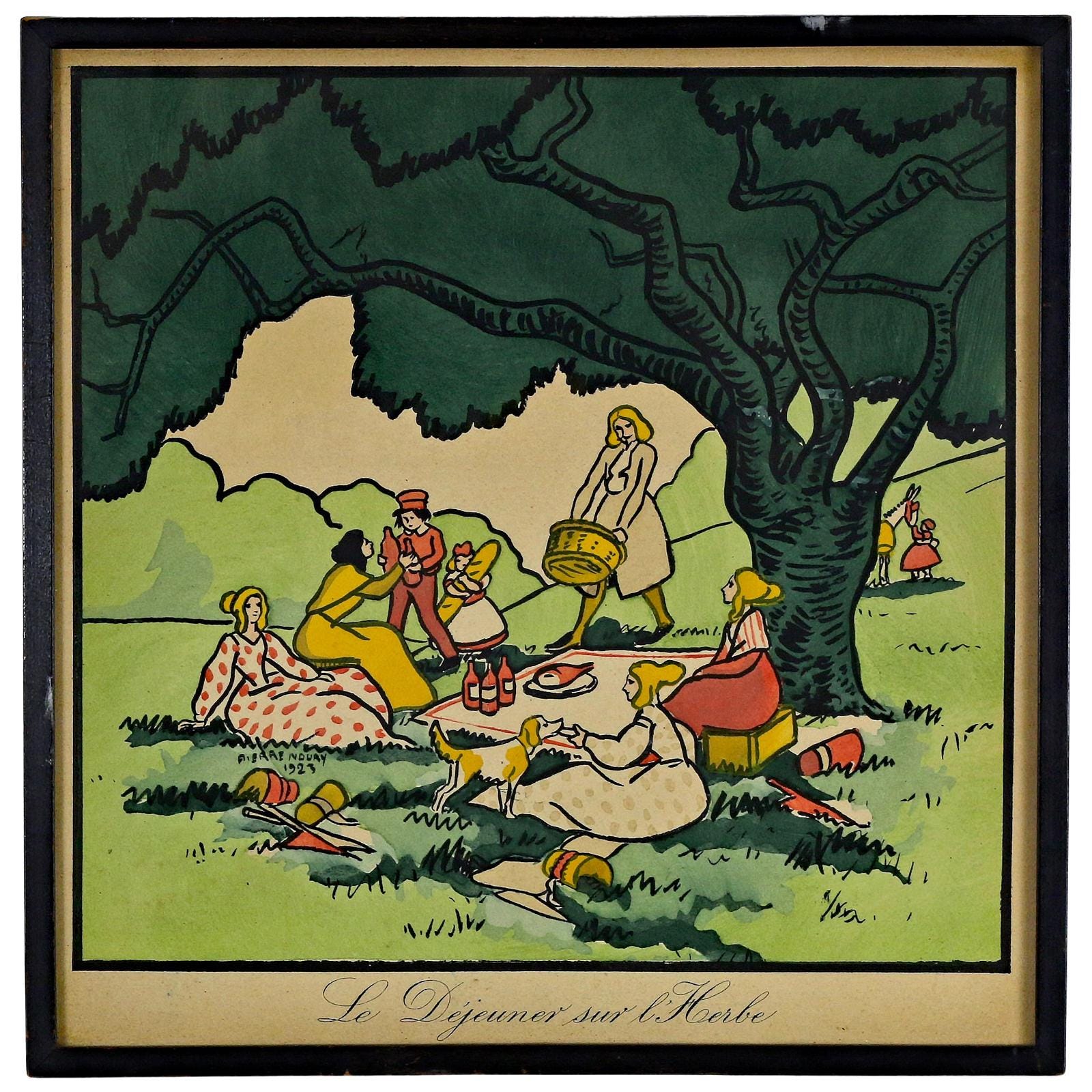 1923 Pierre Noury “Le Déjeuner sur l’Herbe” Watercolor & Gouache, Framed