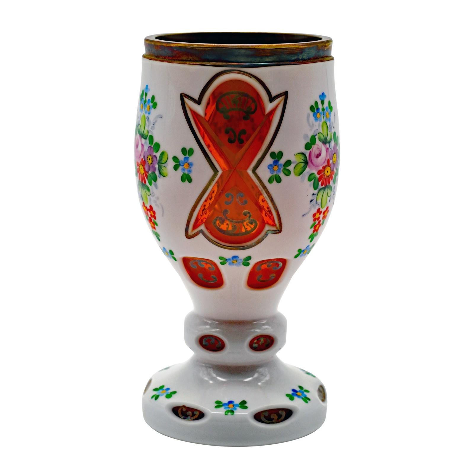 Vintage Bohemian Cut to Amber Cased Glass Pedestal Vase with Enamel Flowers