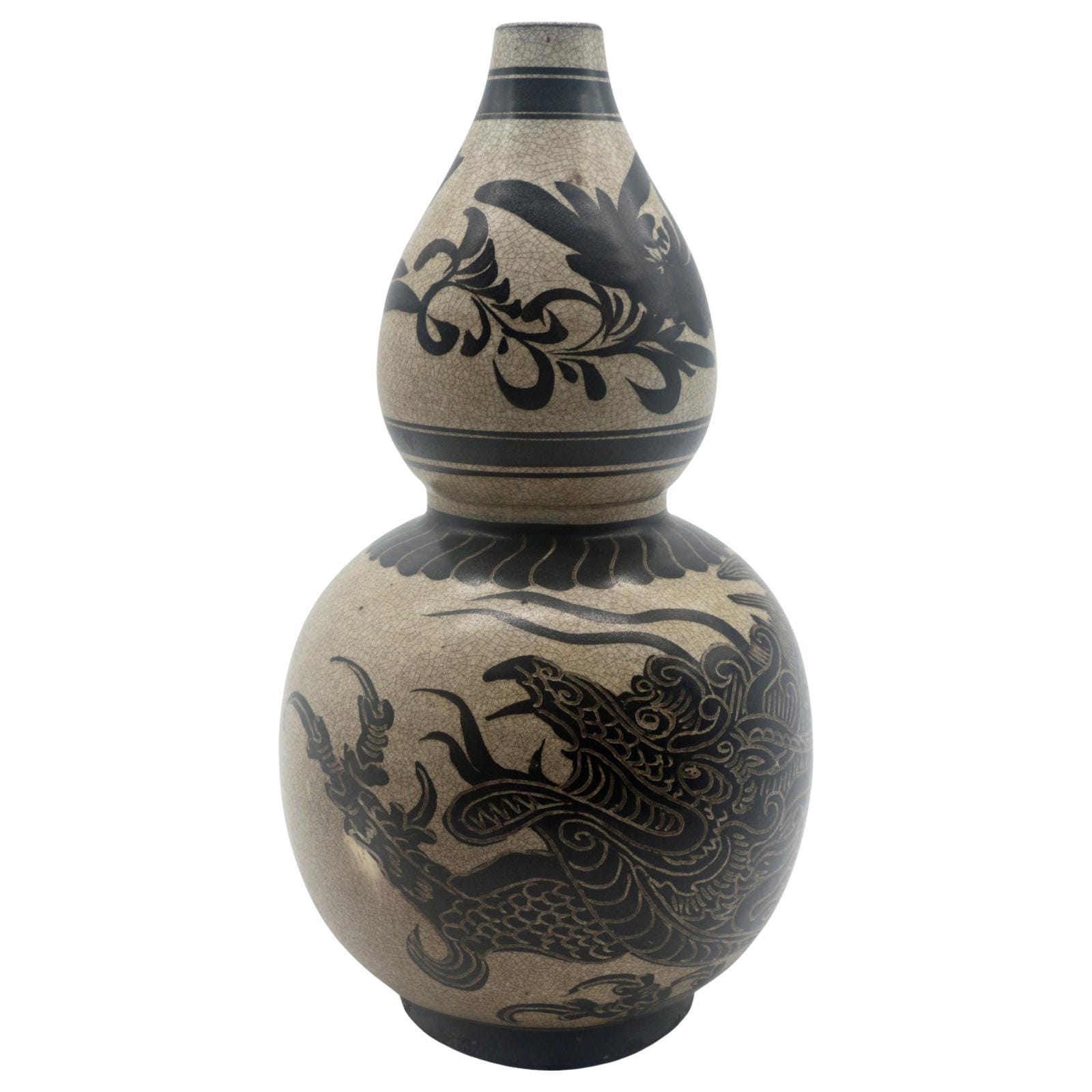 Vintage Double‑Gourd Crackle Vase with Black Dragon Motif