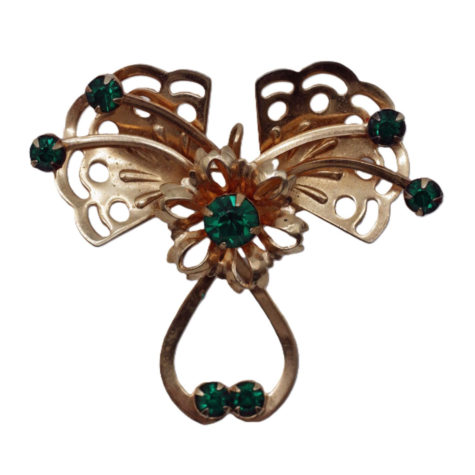 Butterfly Bow Brooch with Green Rhinestone on Brass