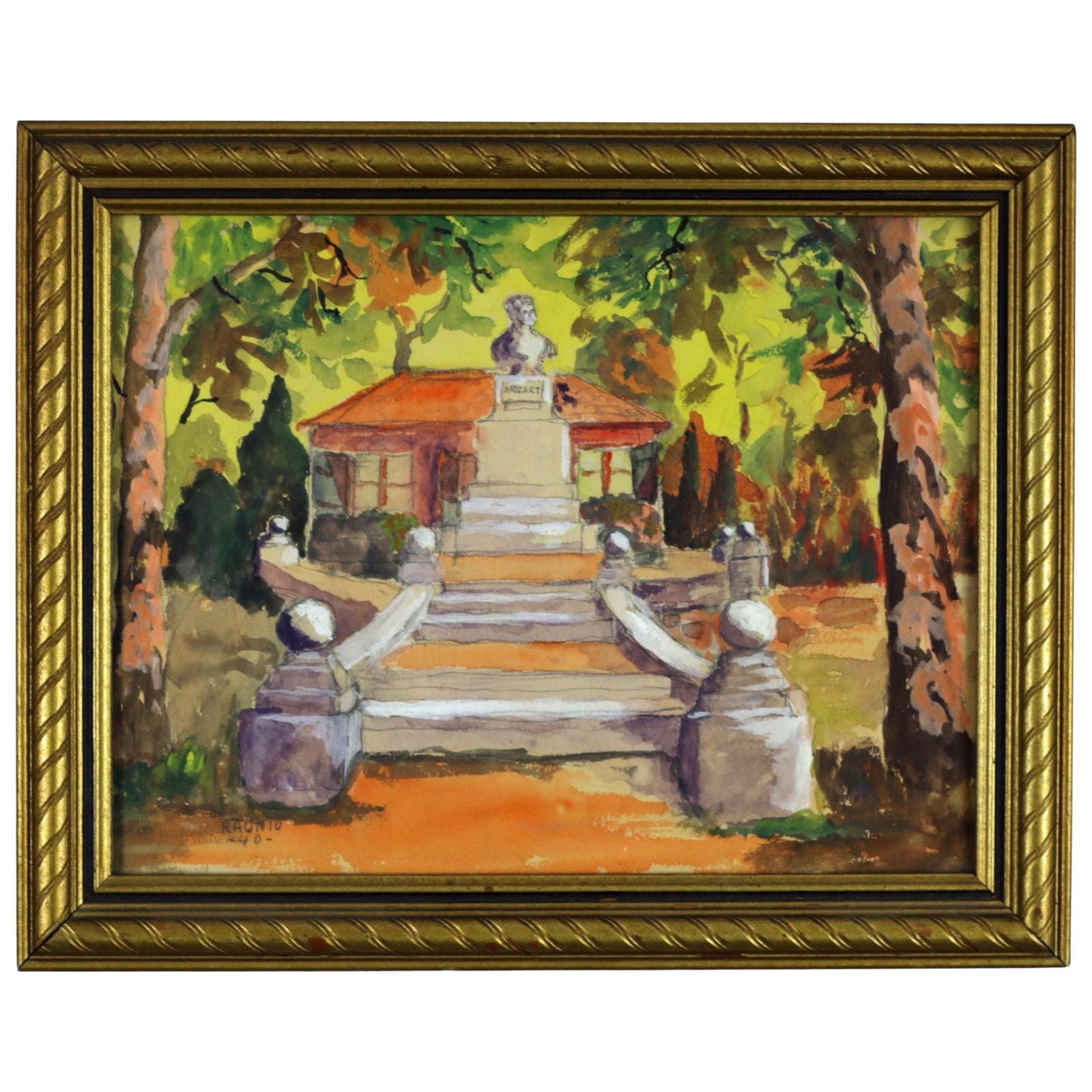 Kaarlo Raunio Watercolor Mozart Monument Scene Framed Mid Century