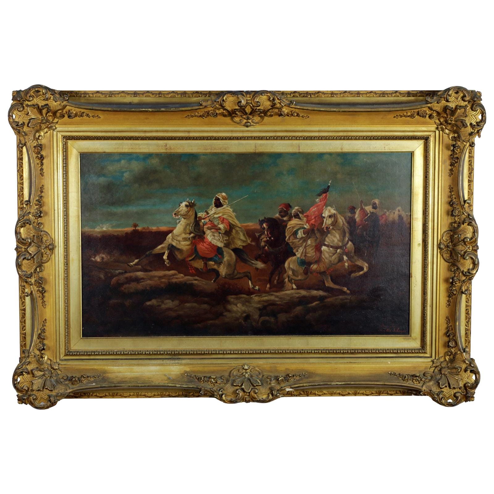 Arabs Making A Detour After Adolf Schreyer, Antique Oil On Linen In Gilt Frame