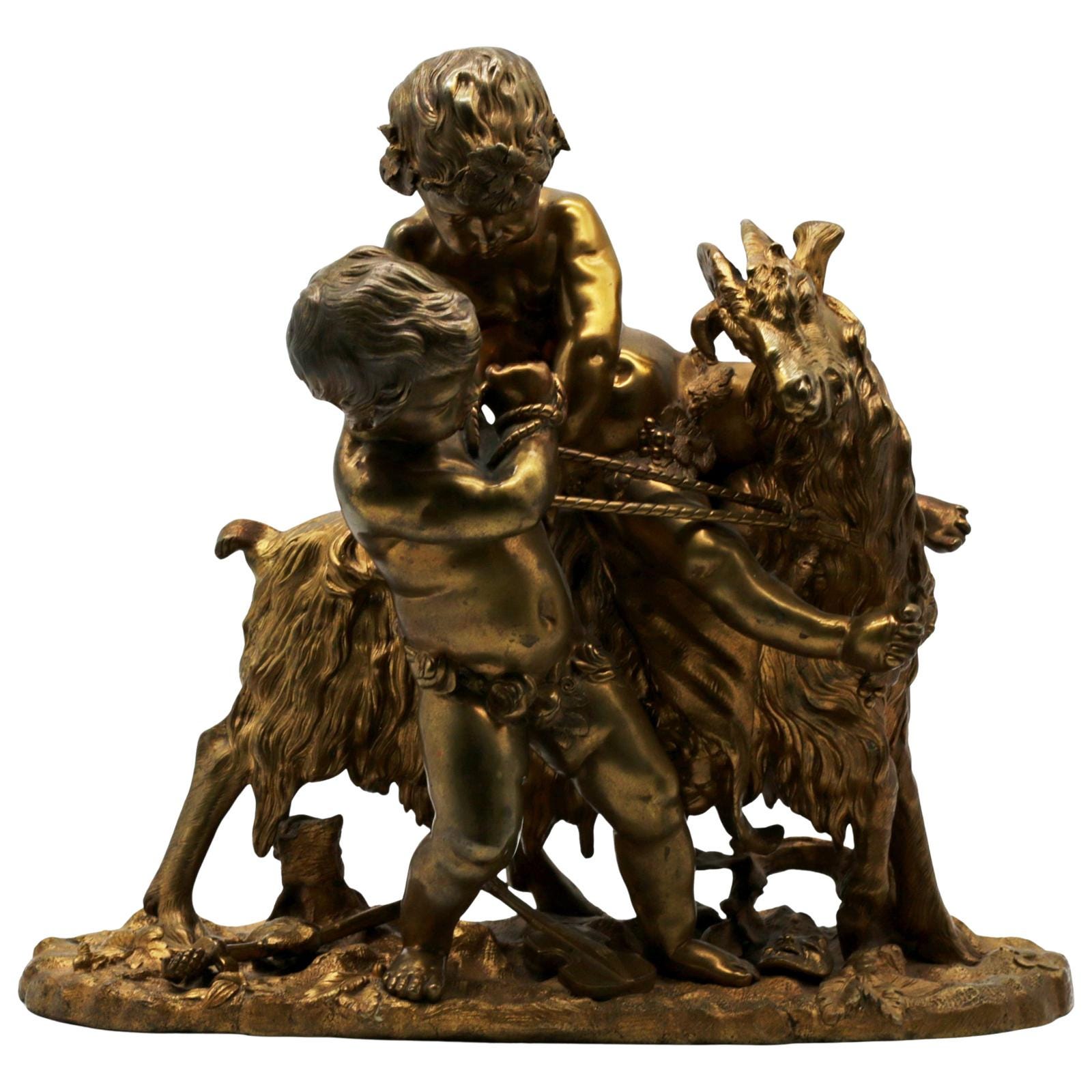 Mid 19th Century French Bronze Bacchic Group Putti And Goat Attributed To Picard