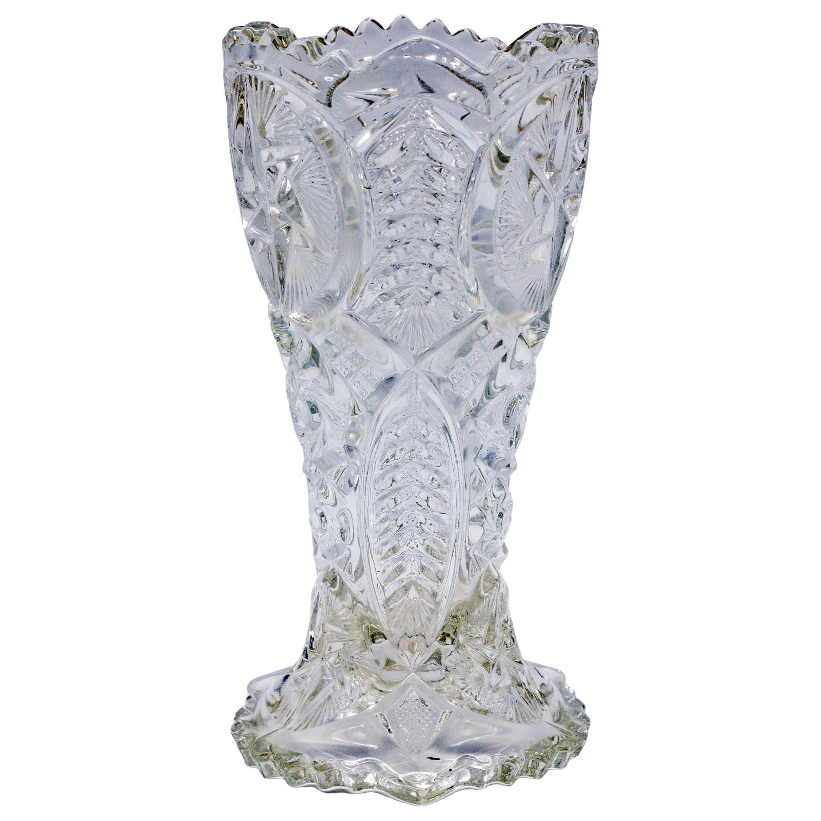 Antique EAPG Pressed-Glass Vase — Hobstars & Palm Panels