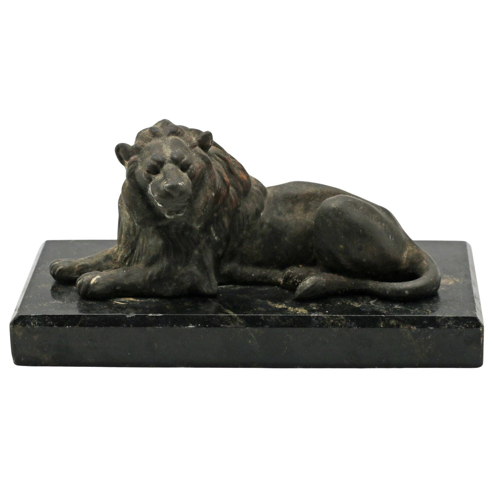 Recumbent Lion Bronze on Black Marble Desk Sculpture / Paperweight, c. 1880–1910
